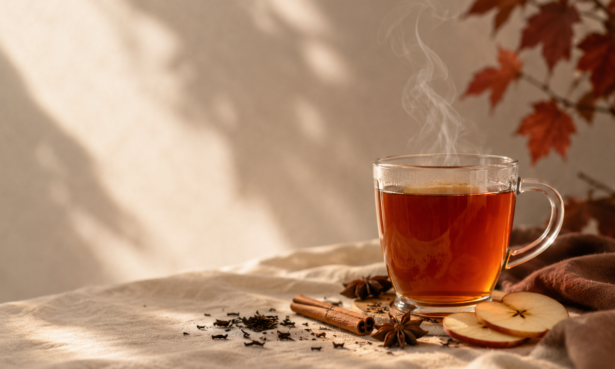Steaming cup of autumn tea with cinnamon, star anise and apple slices